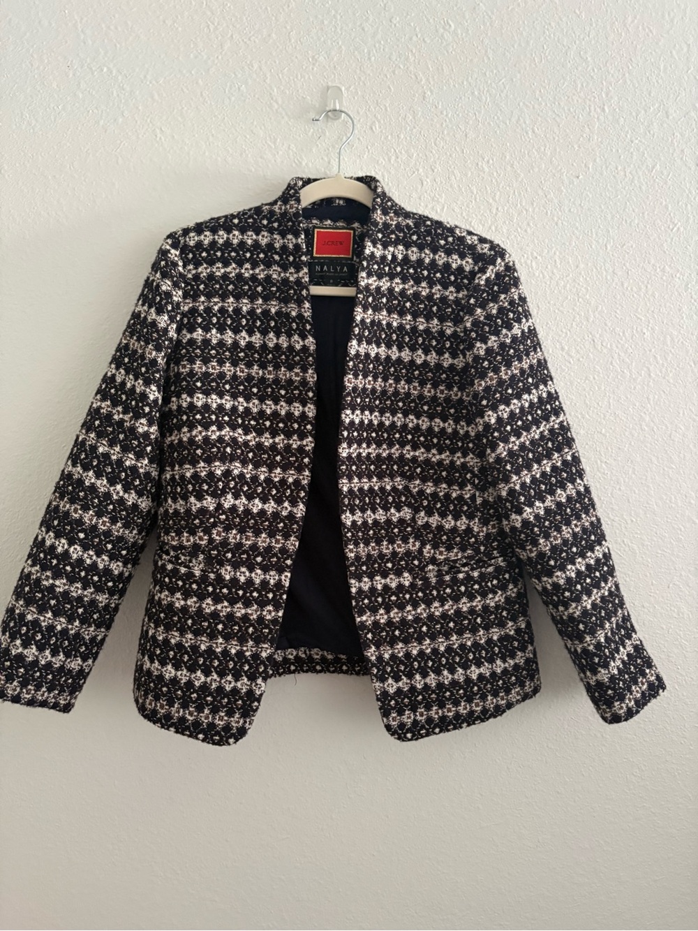 J. Crew Nalya Italian Tweed Blazer Size 8 Lined Navy Cream Brown Quiet Luxury